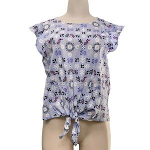 Ann Taylor Cotton Blue Floral Cap Flutter Short Sleeve Front Tie Top Size Large
